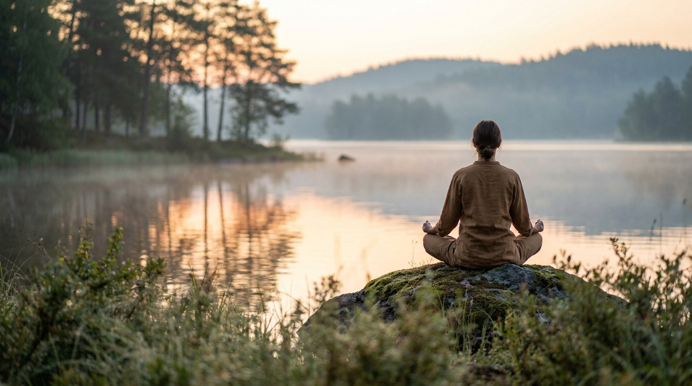 Une personne assise en méditation sur un rocher face à un lac calme au lever du soleil.