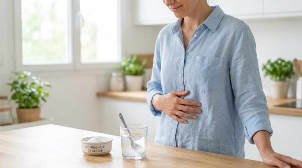Femme souffrant de ballonnements devant un verre d'eau et de bicarbonate de soude.