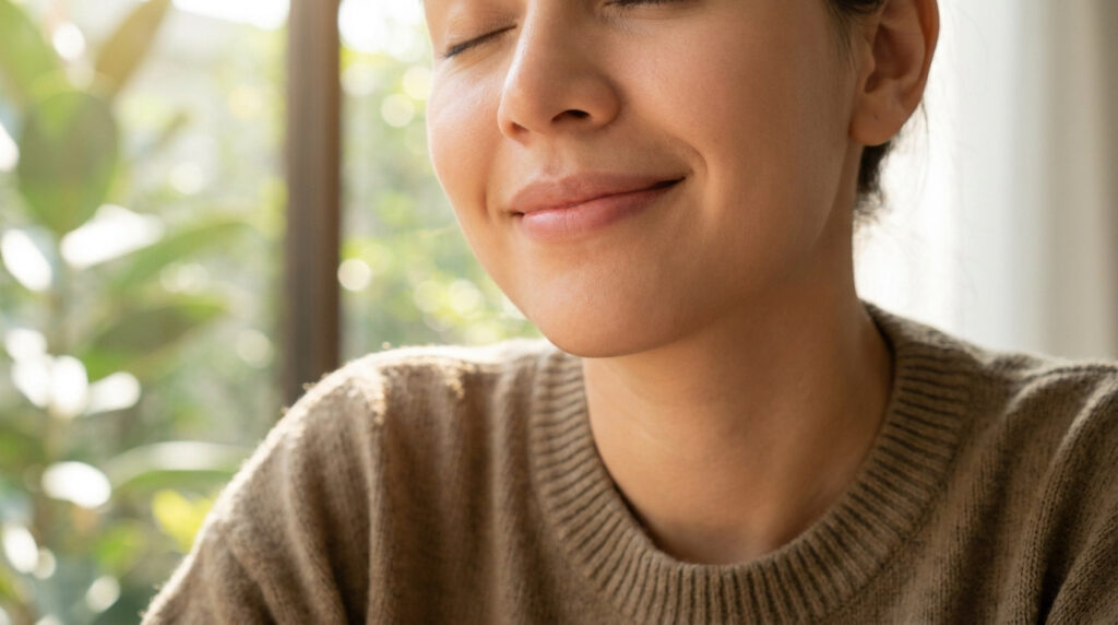 Une femme souriante et sereine avec les yeux fermés, évoquant le bien-être et la guérison.