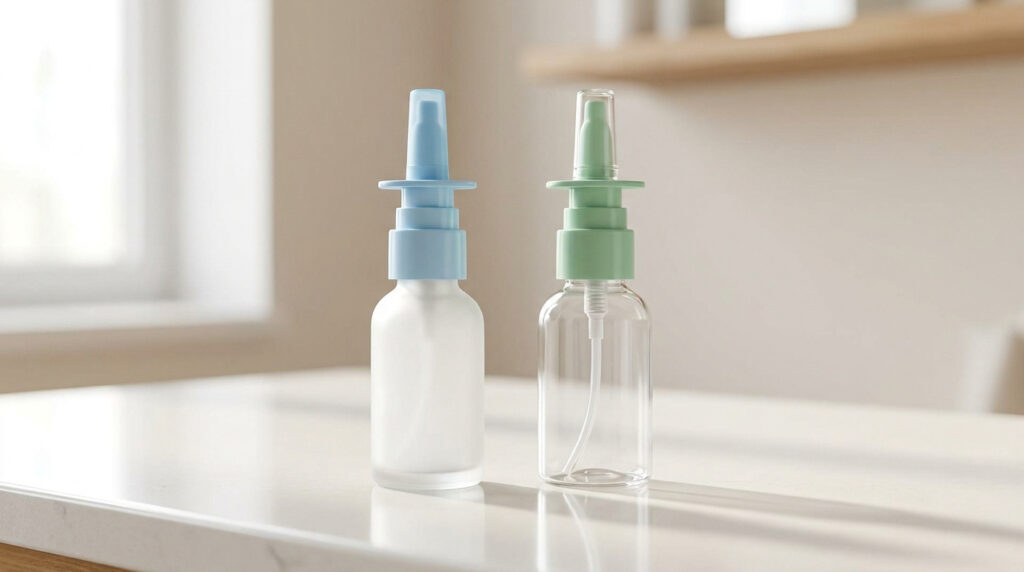 Deux flacons de spray nasal, l'un givré à capuchon bleu et l'autre transparent à capuchon vert, posés sur une table.