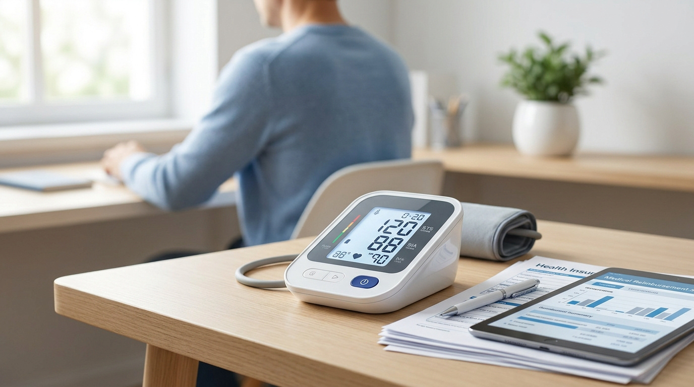 Un tensiomètre électronique posé sur un bureau à côté de documents d'assurance maladie et d'une tablette numérique.