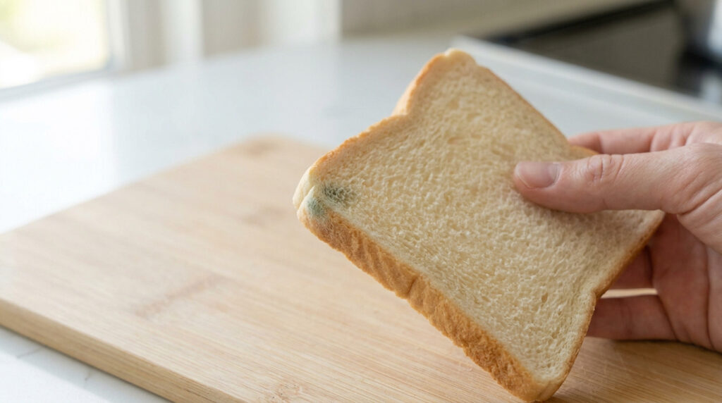 Une main tient une tranche de pain de mie présentant une tache de moisissure verte au-dessus d'une planche à découper.