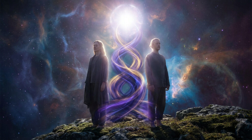Un homme et une femme méditant sous une spirale d'énergie lumineuse devant une nébuleuse cosmique.