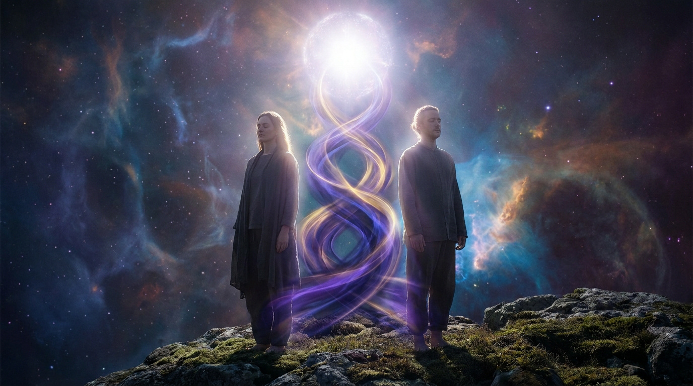 Un homme et une femme méditant sous une spirale d'énergie lumineuse devant une nébuleuse cosmique.