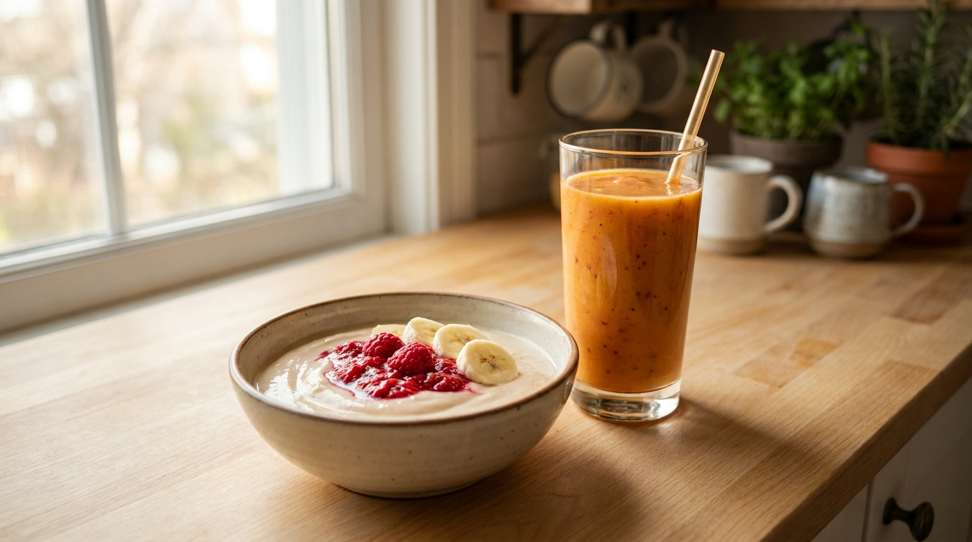 Un bol de yaourt aux fruits rouges et bananes accompagné d'un smoothie, posés sur un comptoir en bois près d'une fenêtre.