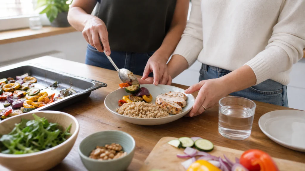 Deux adultes préparant un repas équilibré dans une cuisine lumineuse
