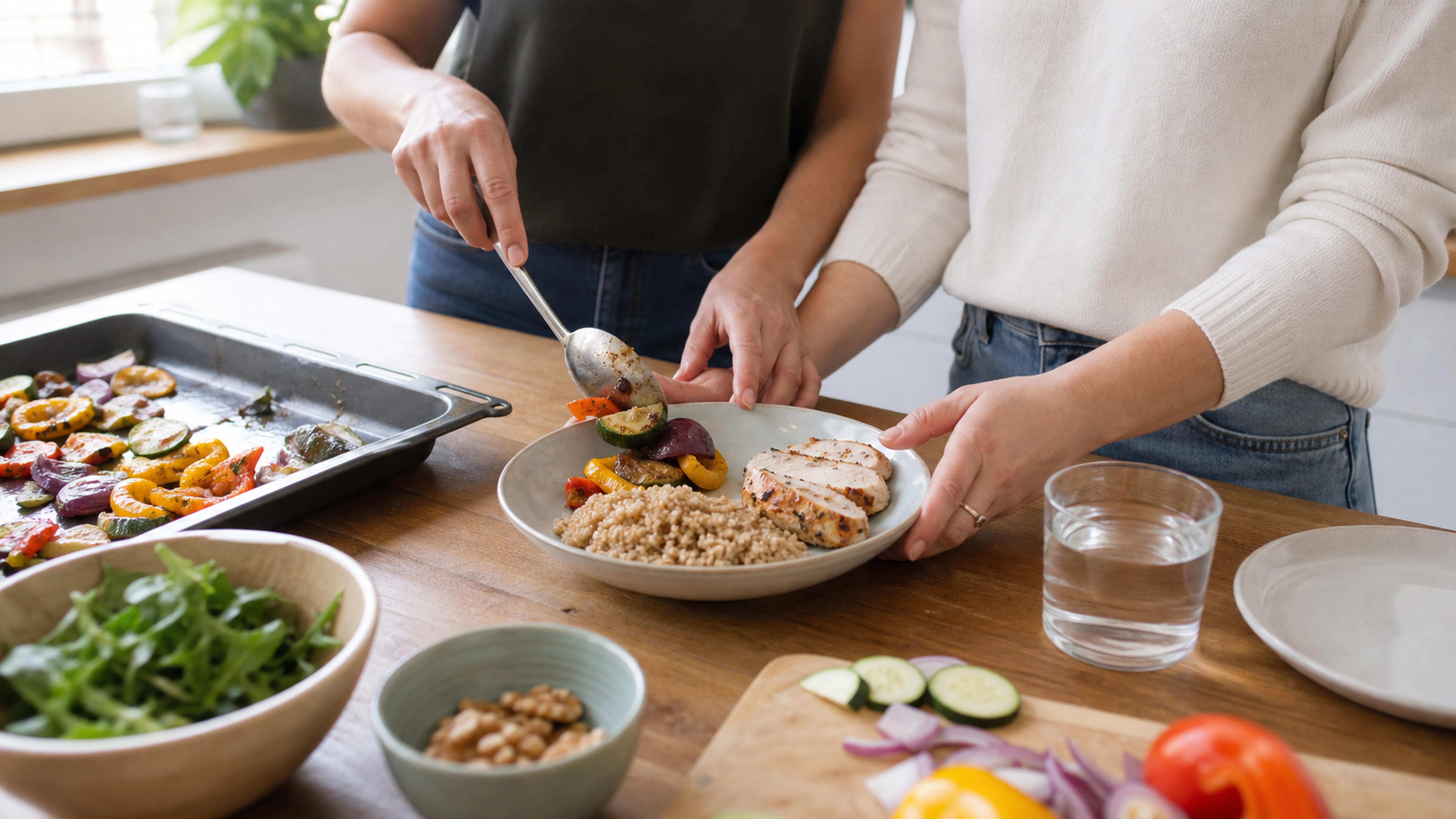 Deux adultes préparant un repas équilibré dans une cuisine lumineuse