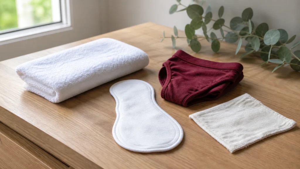 Serviette hygiénique en coton et culotte menstruelle posées sur une commode en bois clair