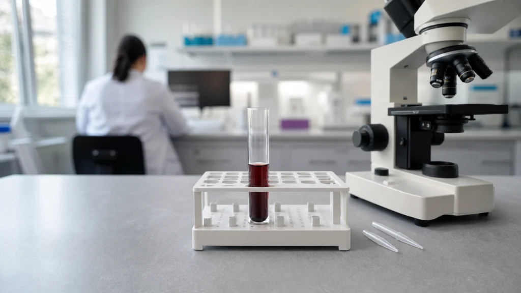 Échantillon de sang analysé au microscope dans un laboratoire médical