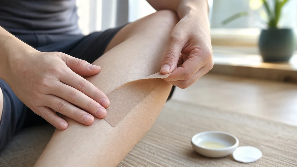Personne retirant doucement une bande adhésive de sa jambe en maintenant la peau