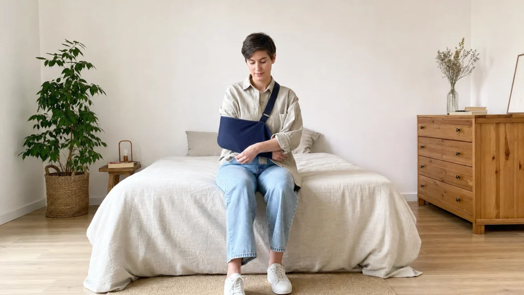 Personne assise portant une chemise ample et une écharpe de maintien au bras