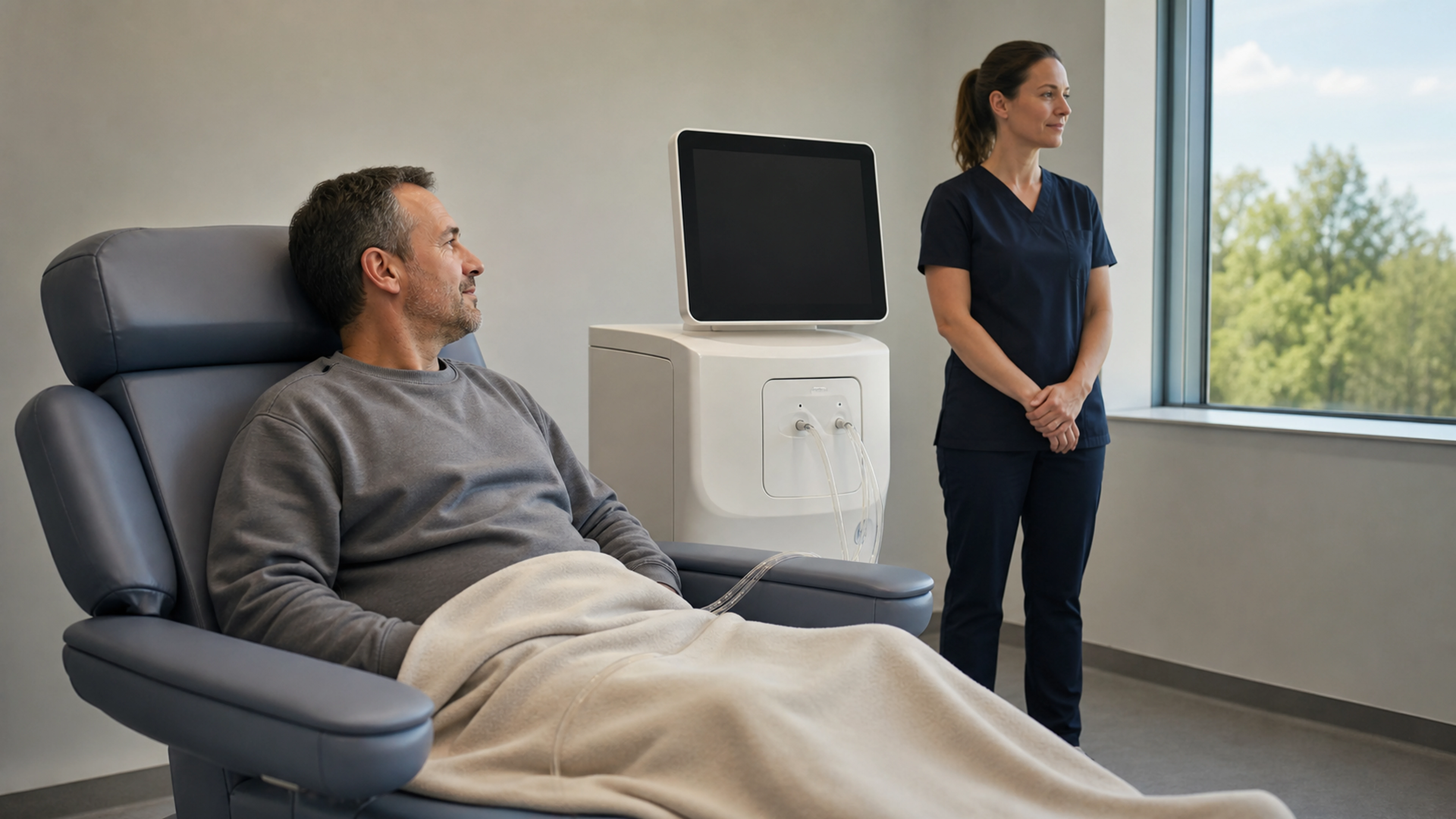 Patient installé dans un fauteuil de dialyse sous la surveillance d’une infirmière