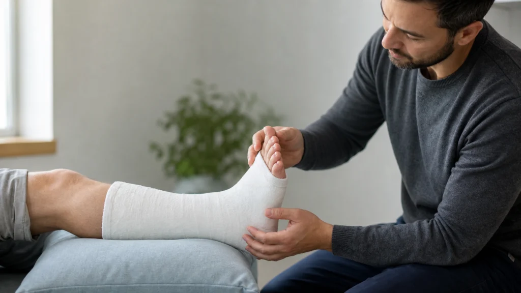 Professionnel examinant un plâtre intact sur une jambe surélevée
