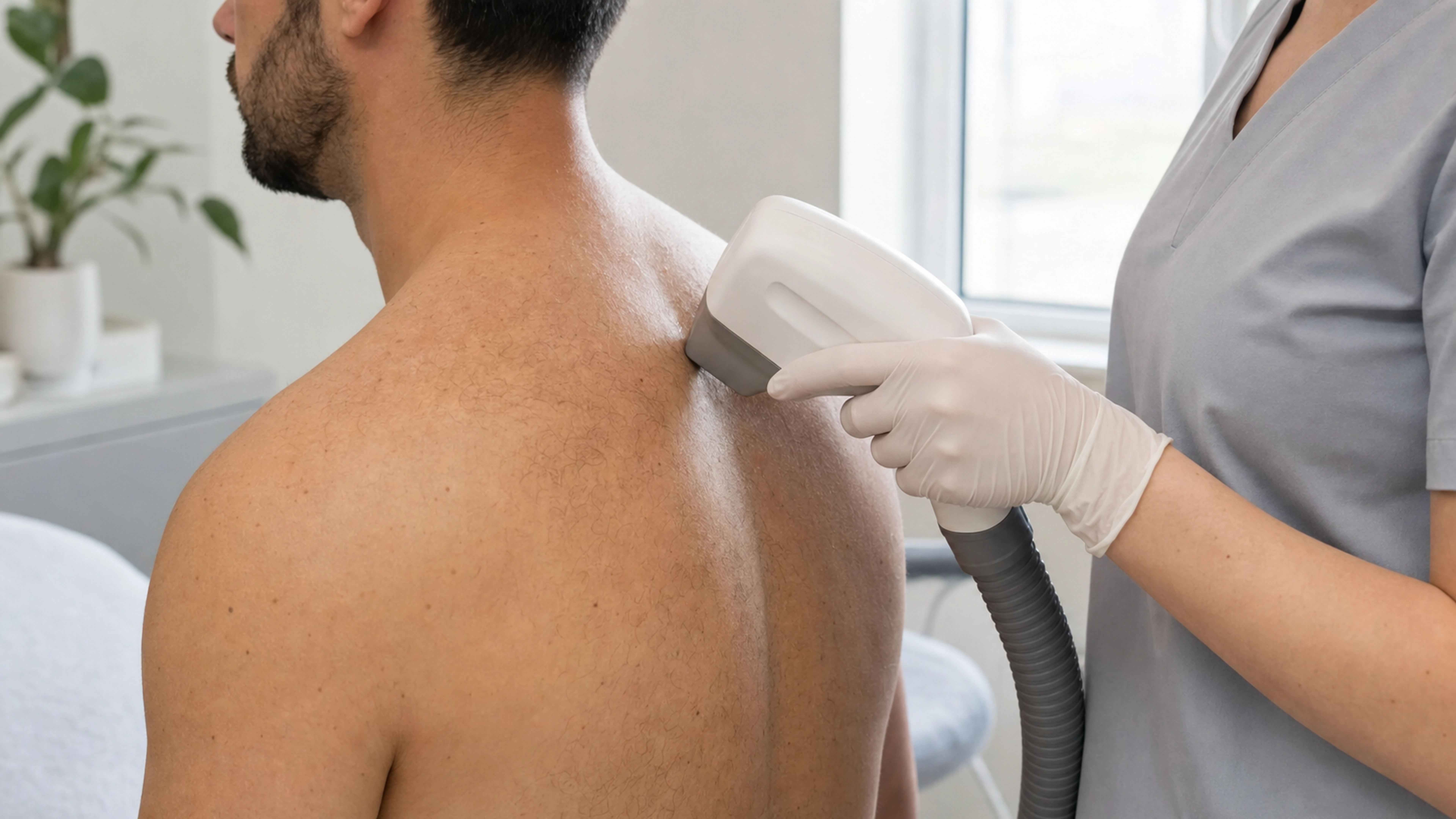 Praticienne utilisant un appareil d’épilation laser sur le haut du dos d’un homme