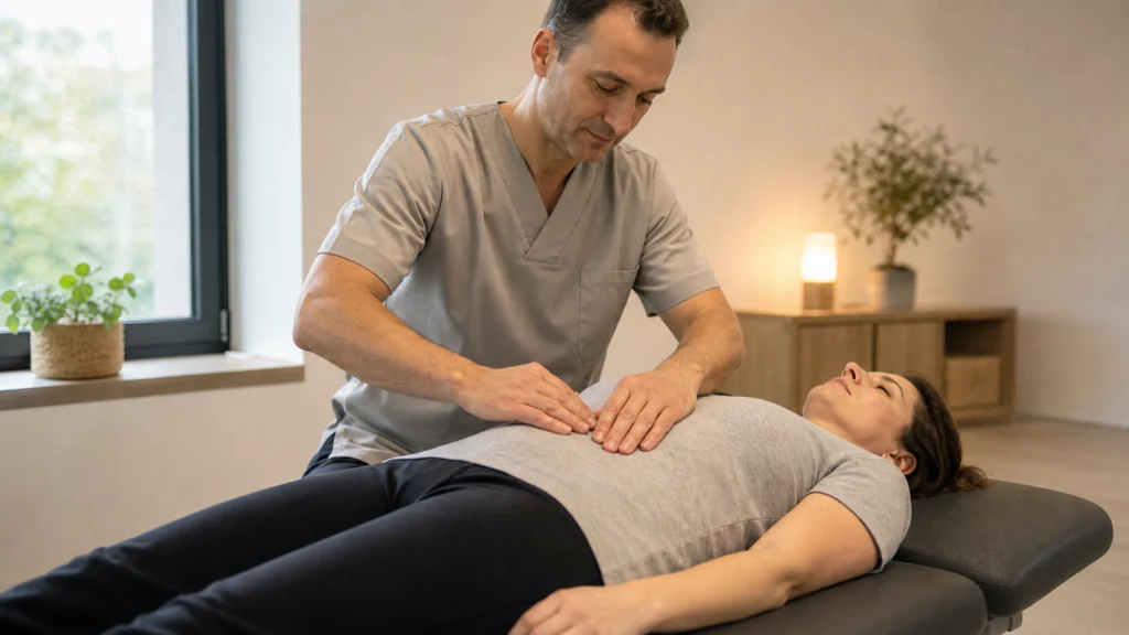 Séance de thérapie manuelle avec un praticien exerçant une pression douce sur l’abdomen d’une patiente.