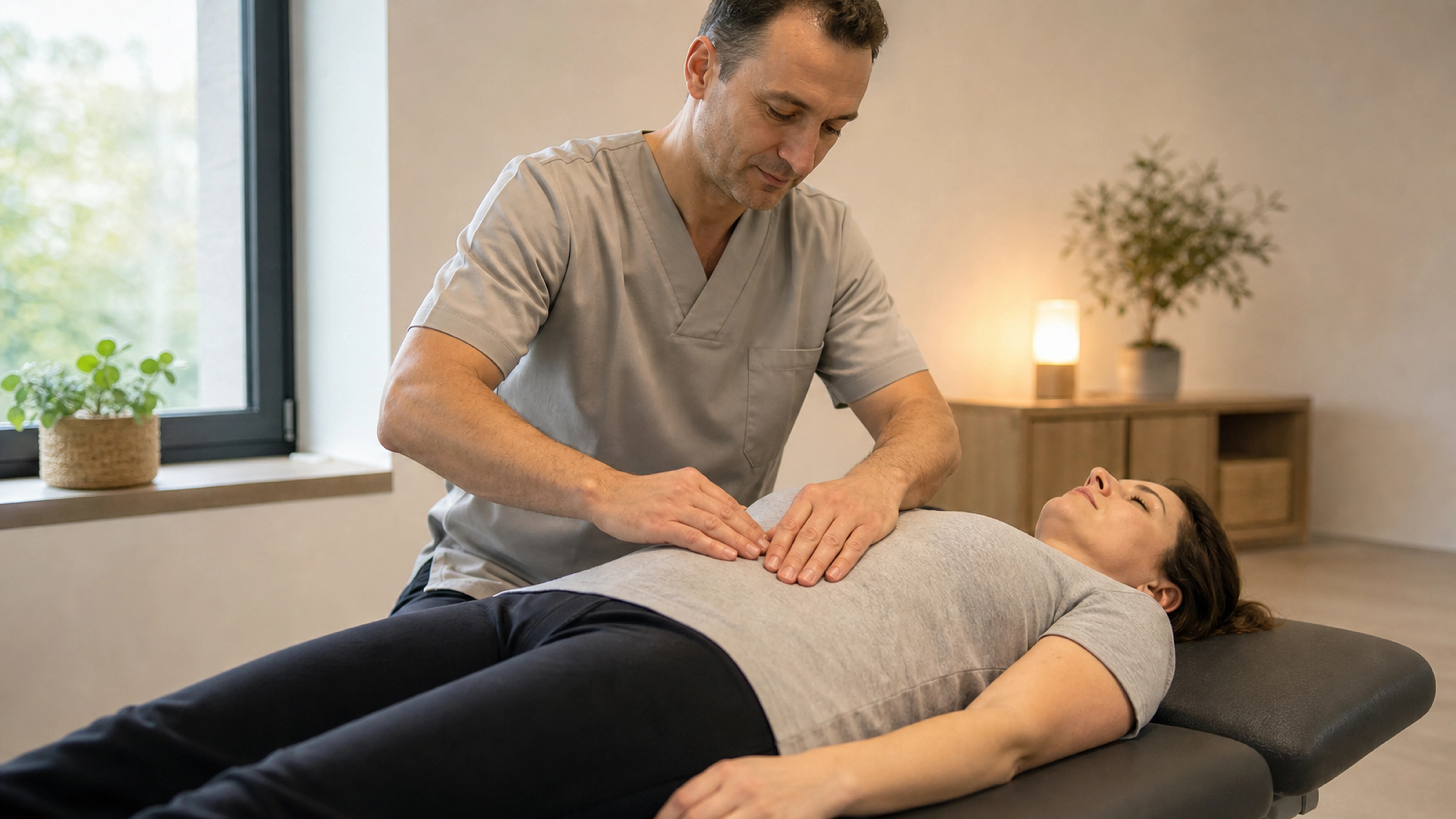 Séance de thérapie manuelle avec un praticien exerçant une pression douce sur l’abdomen d’une patiente.