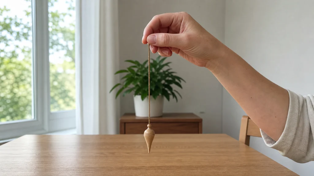 Main tenant un pendule en bois au-dessus d’une table dans une pièce éclairée naturellement