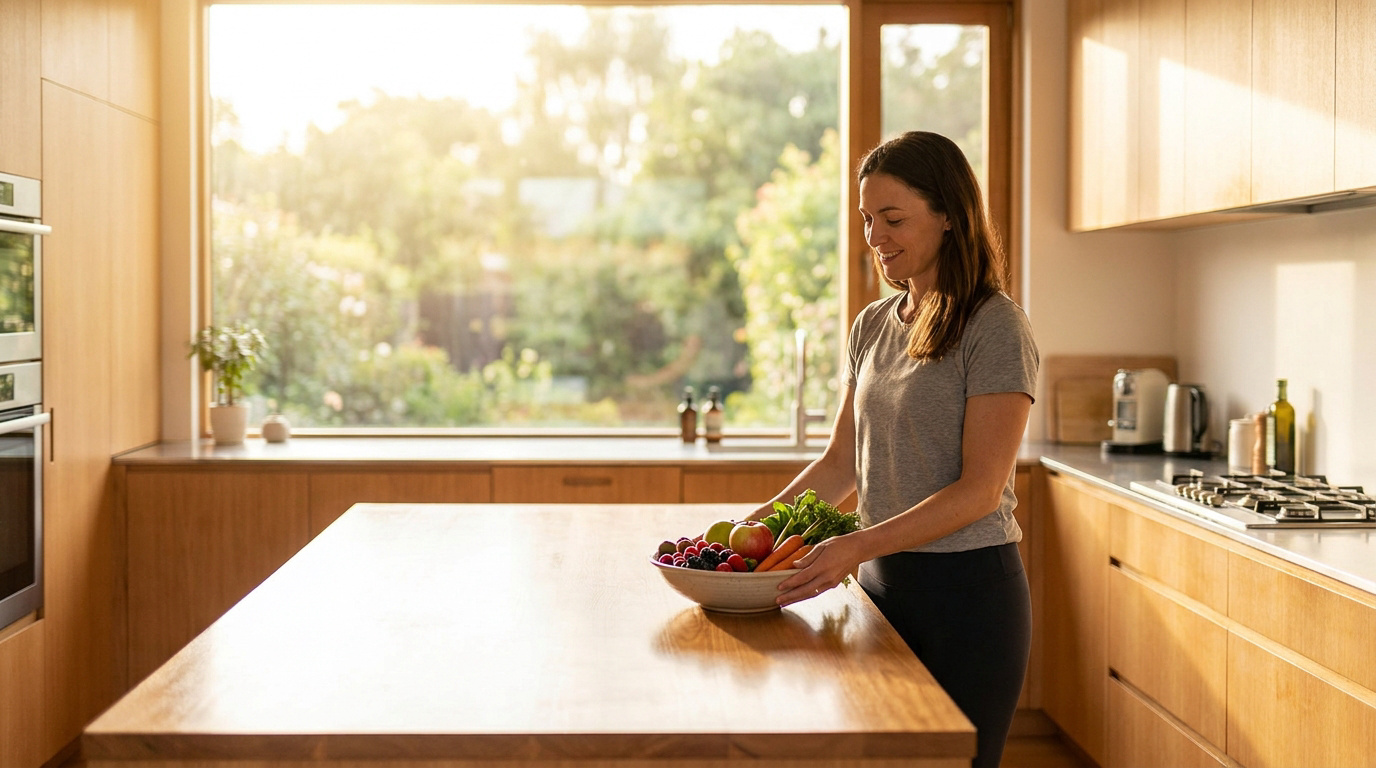 Une femme souriante tient un bol de fruits et légumes frais dans une cuisine moderne et lumineuse.