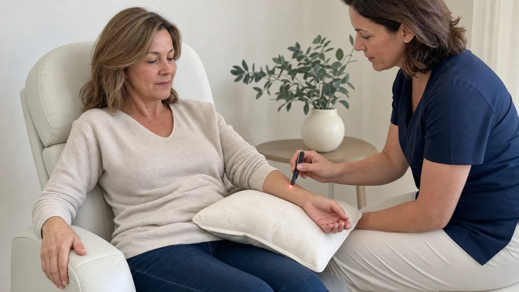 Une praticienne applique une sonde de luxopuncture sur l’avant-bras d’une femme assise