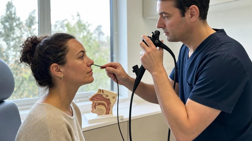 Examen nasal réalisé par un médecin ORL dans un cabinet lumineux