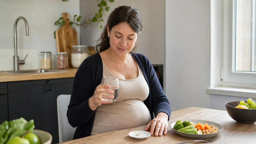 Femme enceinte avec un verre d’eau et une capsule prénatale devant un repas équilibré