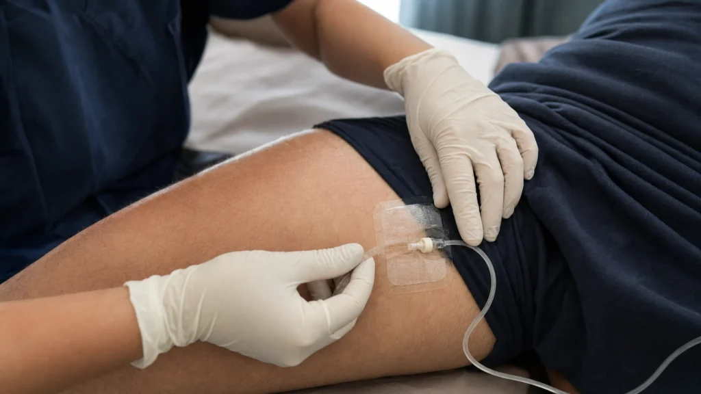 Professionnelle de santé vérifiant un cathéter sous-cutané posé sur la cuisse d’un patient