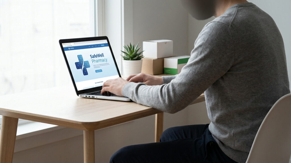 Homme utilisant un ordinateur portable pour naviguer sur le site d'une pharmacie en ligne sécurisée.