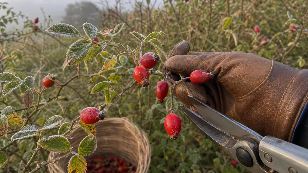 Cueillette de cynorrhodons rouges givrés sur un églantier en automne