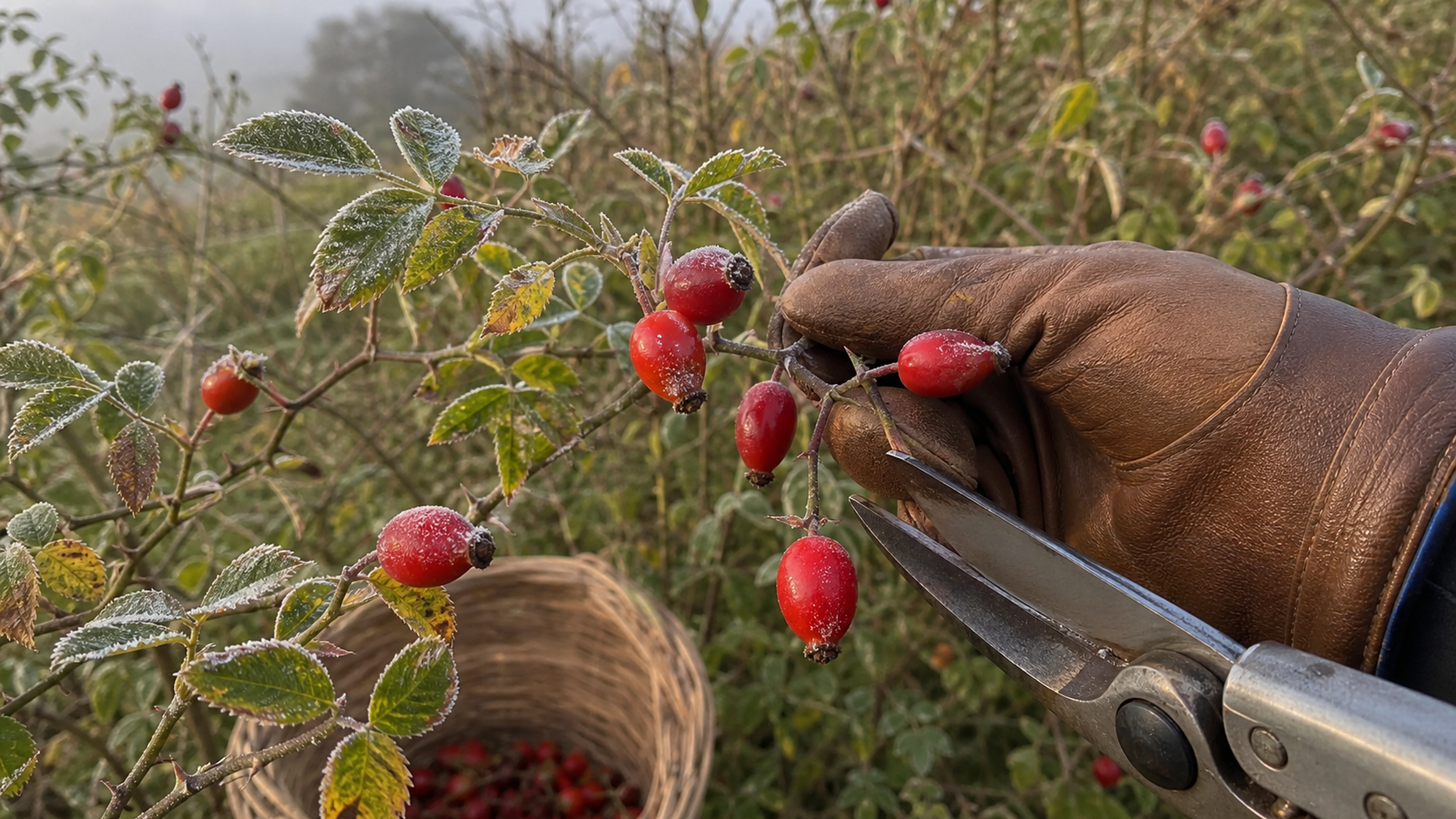 Cueillette de cynorrhodons rouges givrés sur un églantier en automne