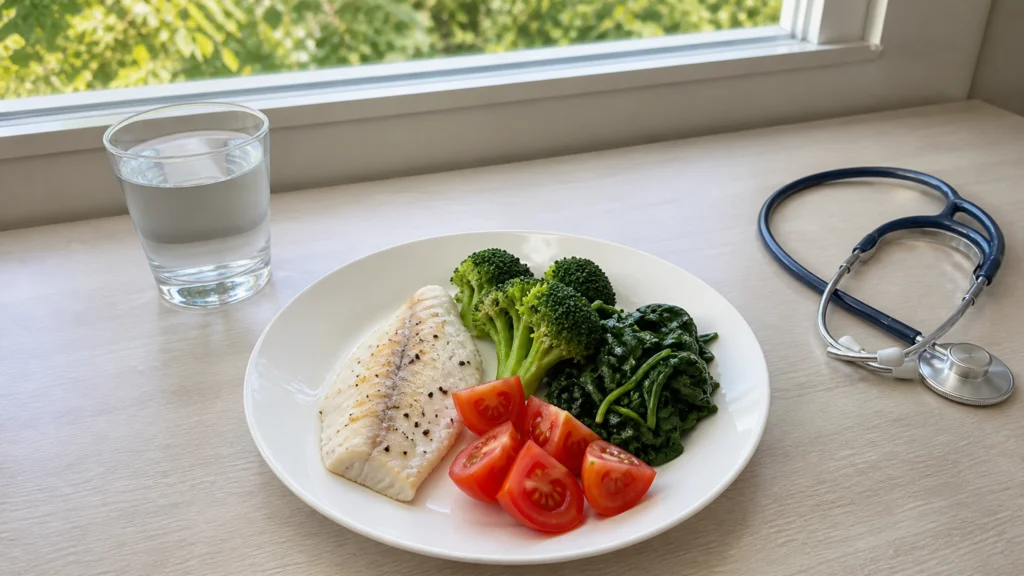 Assiette de poisson blanc, brocolis, épinards et tomates près d’un stéthoscope