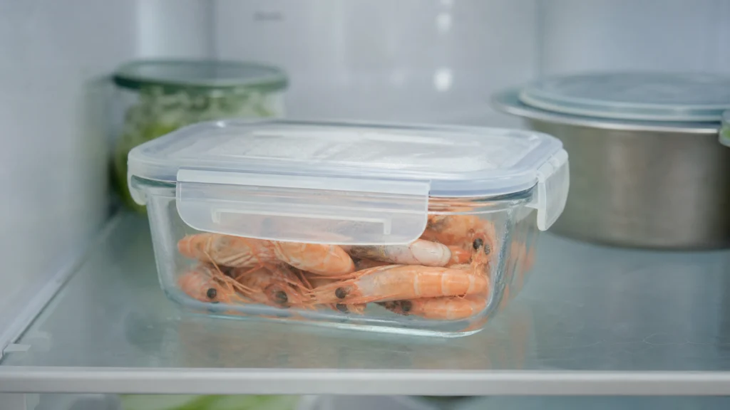 Crevettes cuites conservées au réfrigérateur dans une boîte hermétique en verre