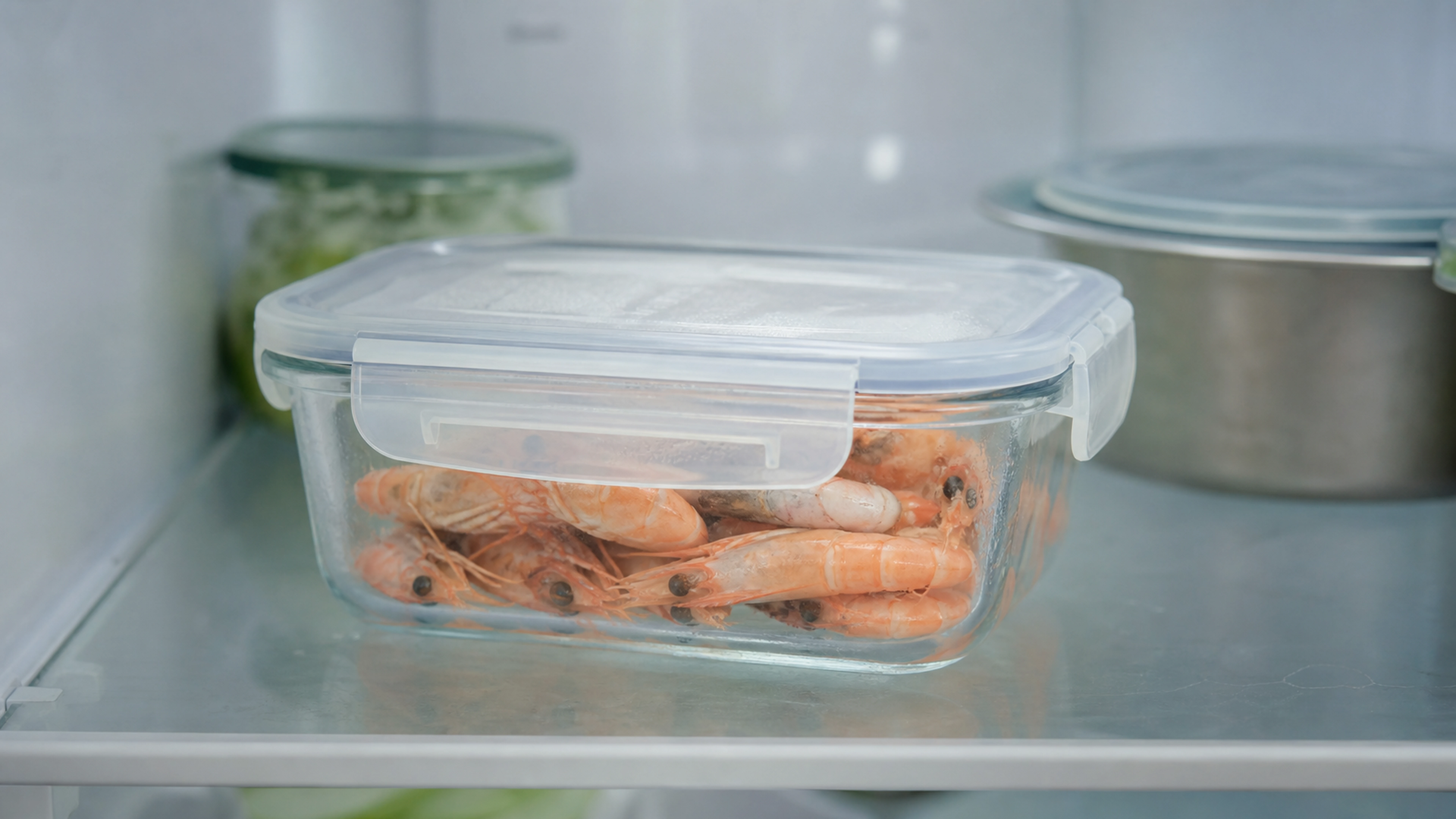 Crevettes cuites conservées au réfrigérateur dans une boîte hermétique en verre