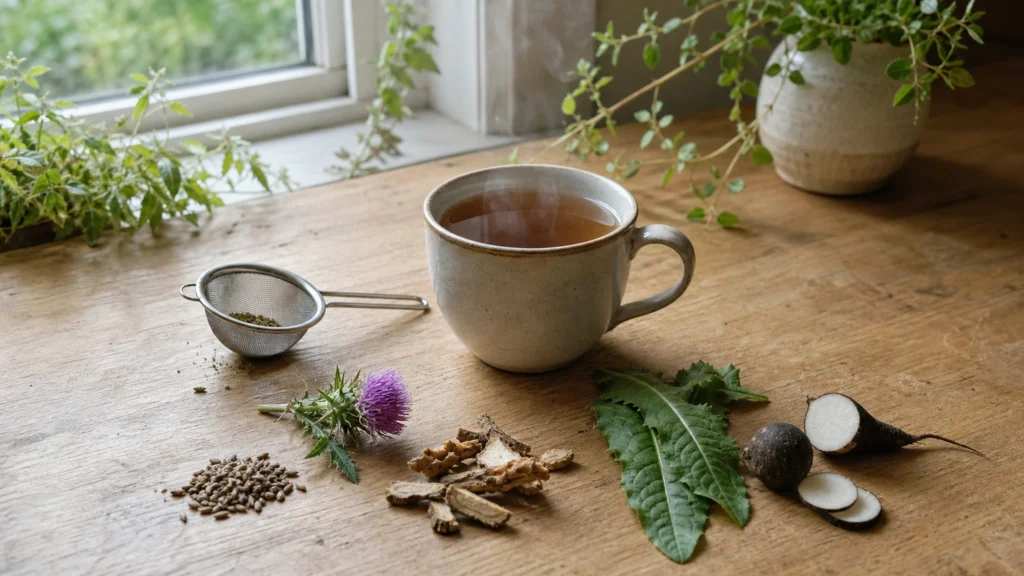 Tasse d’infusion aux plantes avec chardon-marie, racines et radis noir sur une table en bois