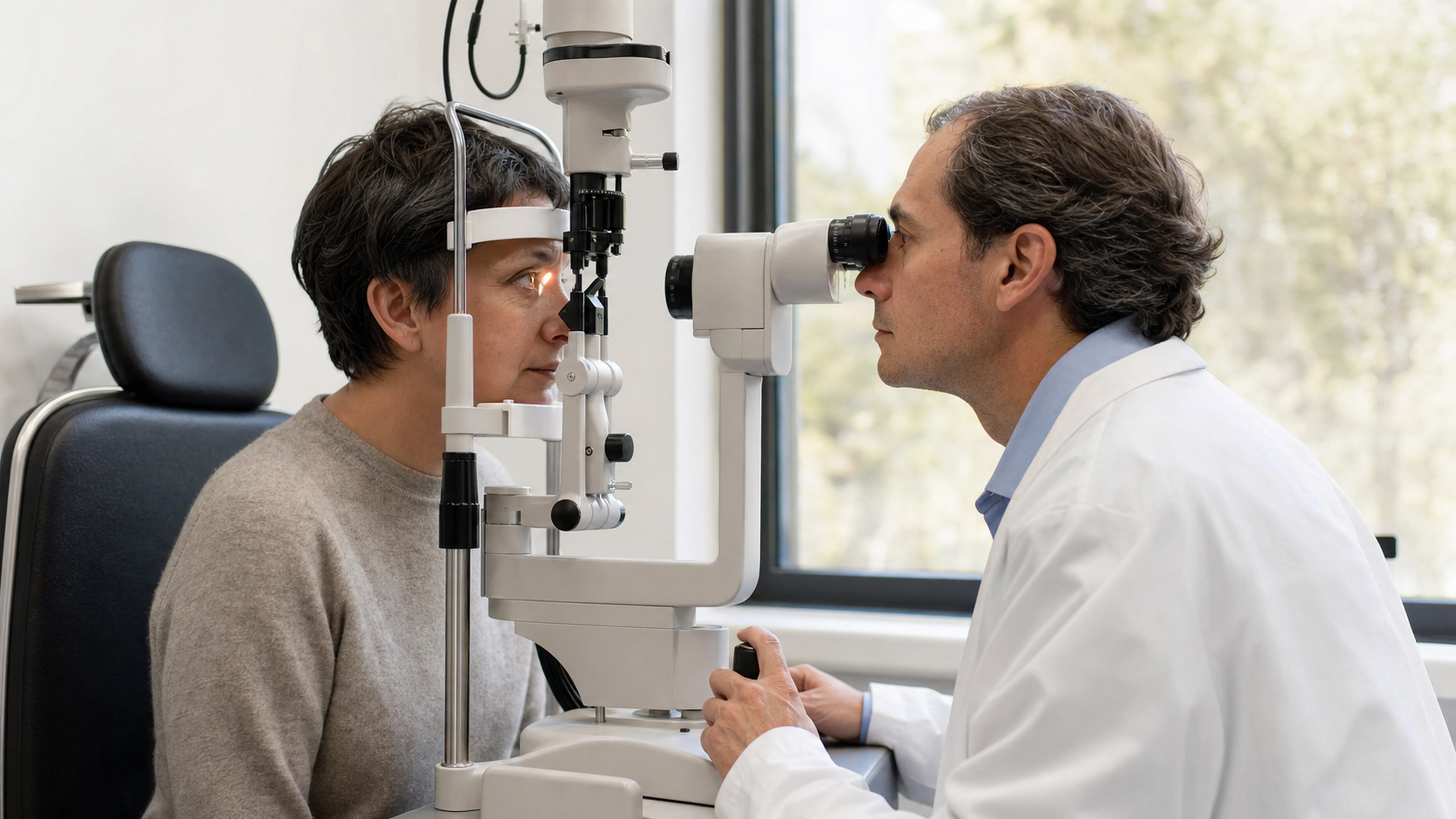 Ophtalmologue examinant l’œil d’une patiente avec une lampe à fente