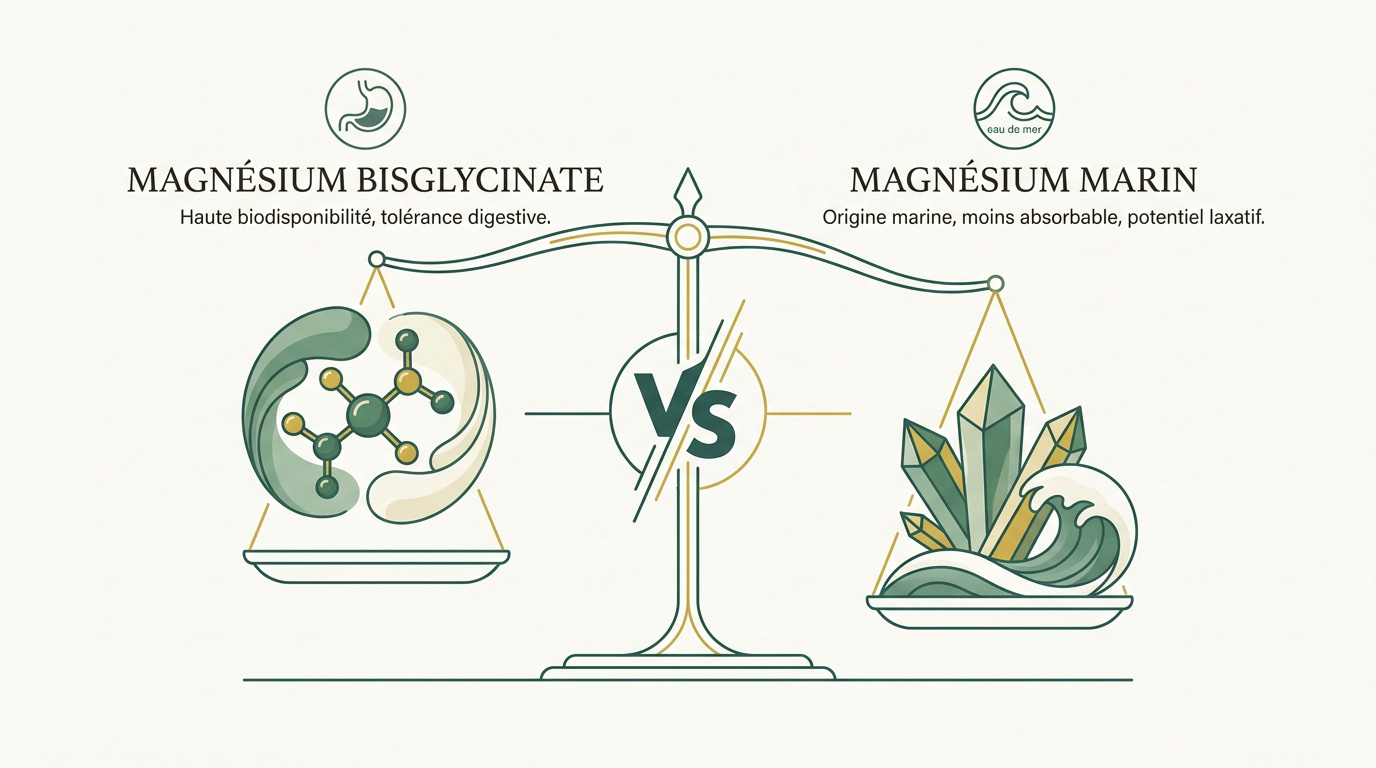 Comparaison visuelle entre le magnésium bisglycinate et le magnésium marin