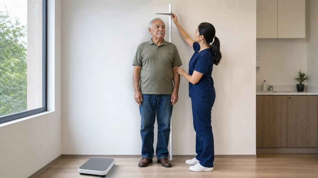 Une professionnelle de santé mesure la taille d’un homme âgé près d’une balance.