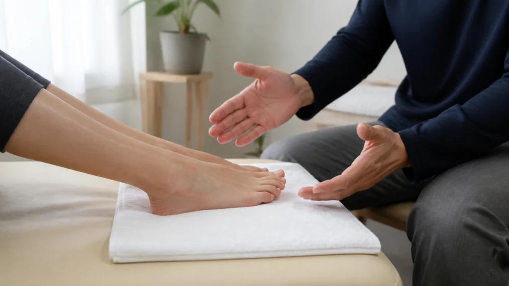 Praticien observant les pieds d’une personne avant une séance de massage
