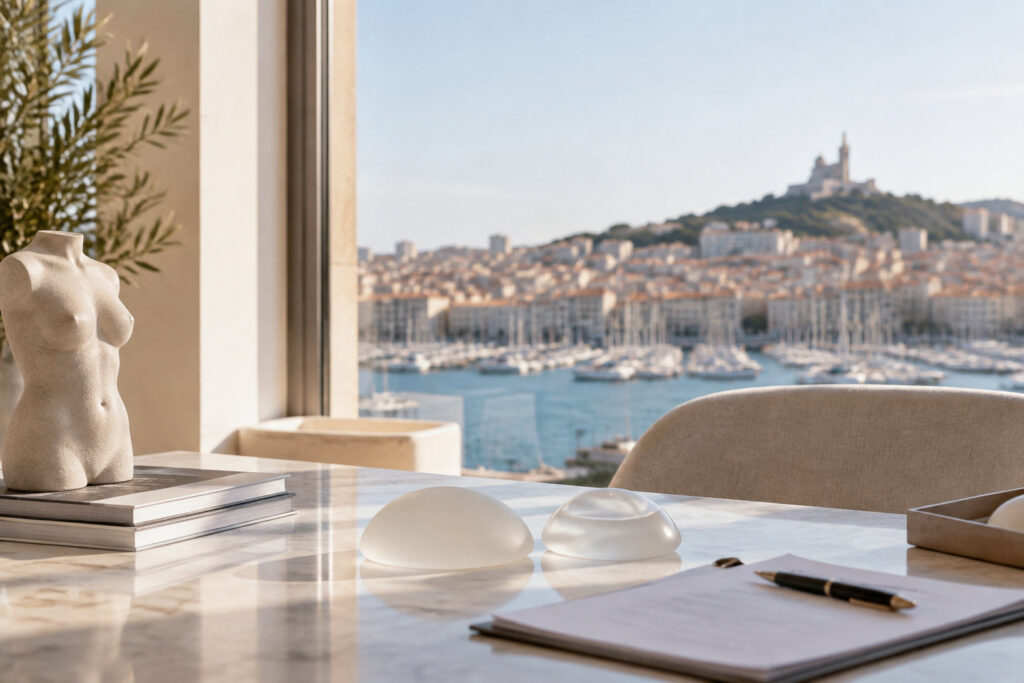 Implants mammaires sur une table de consultation avec vue sur le Vieux-Port et Notre-Dame de la Garde à Marseille.