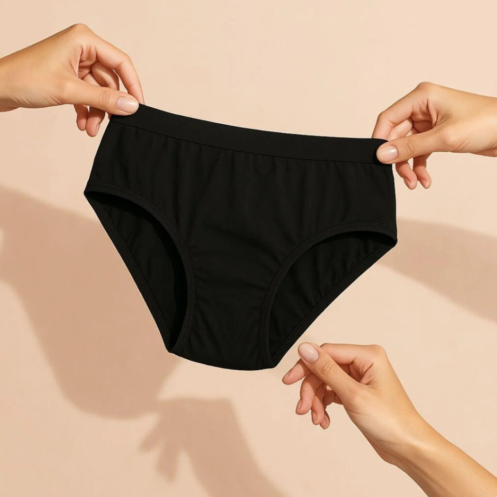 Culotte menstruelle noire présentée sur un fond beige — Crédits Elia