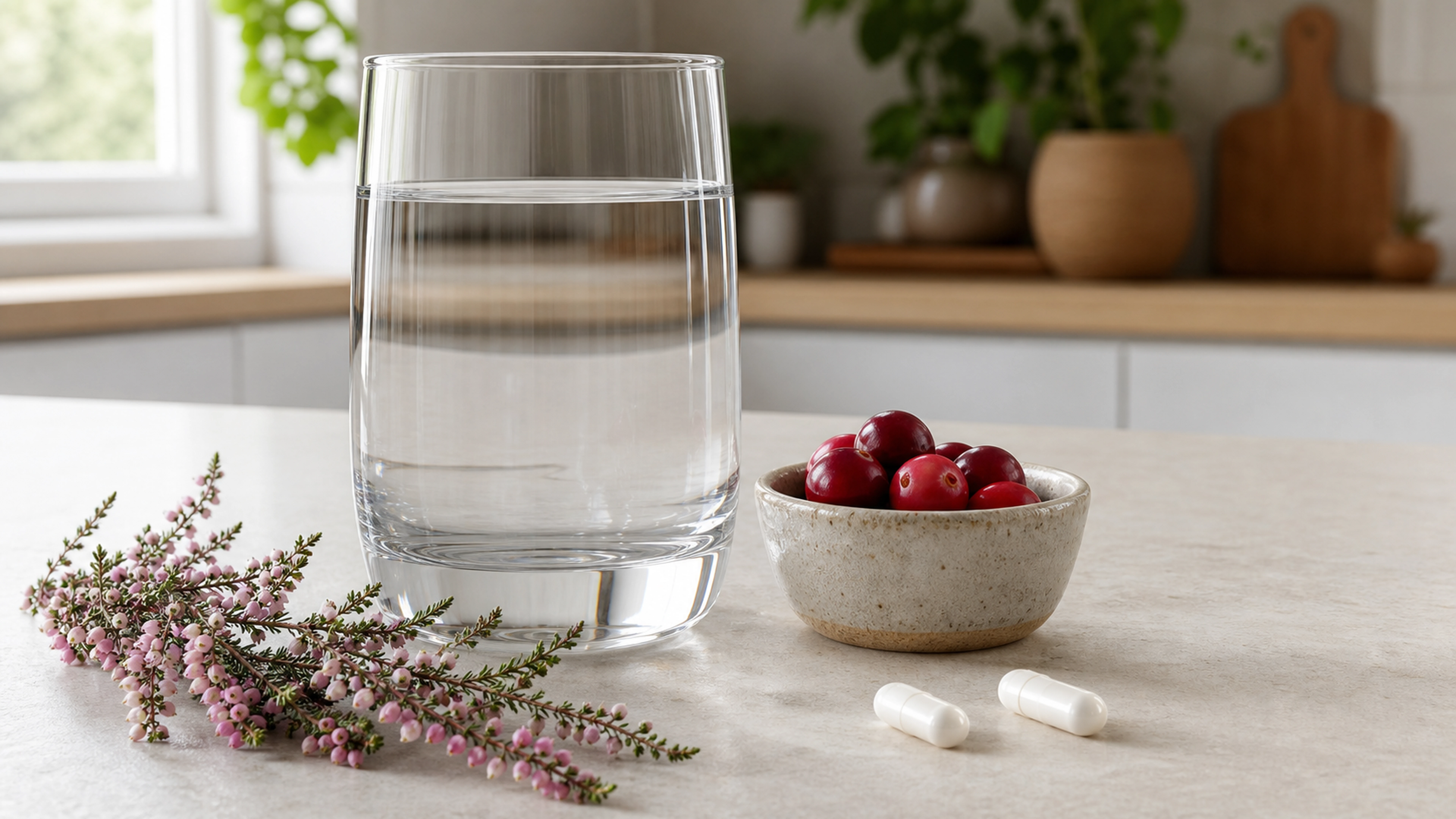Verre d’eau, canneberges, gélules blanches et bruyère rose sur un plan de travail