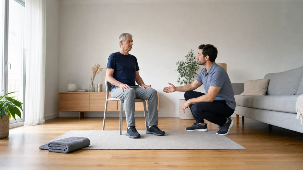 Un kinésithérapeute échange avec un patient assis pendant une séance à domicile.