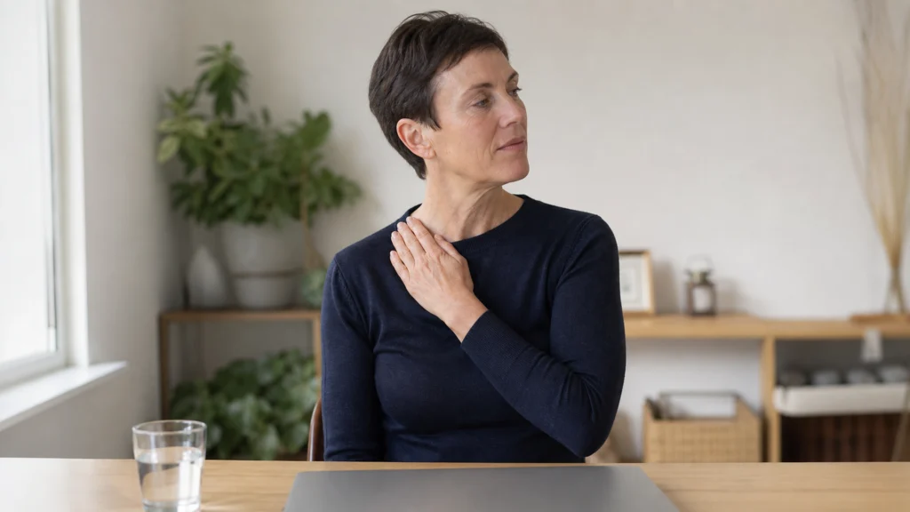 Femme assise tournant doucement la tête, une main posée sur le haut de l’épaule