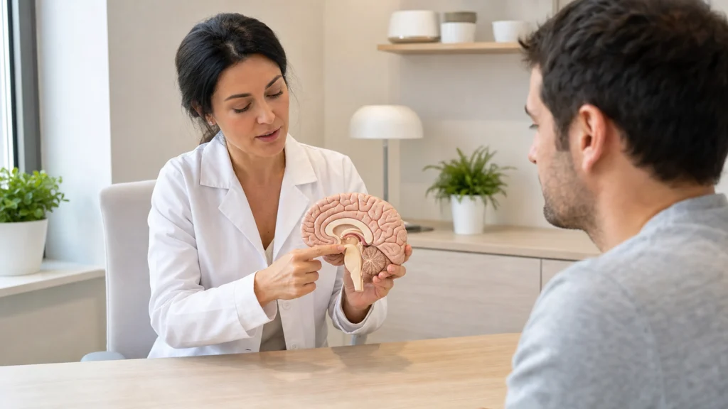 Endocrinologue montrant l’hypophyse sur un modèle anatomique du cerveau à un patient