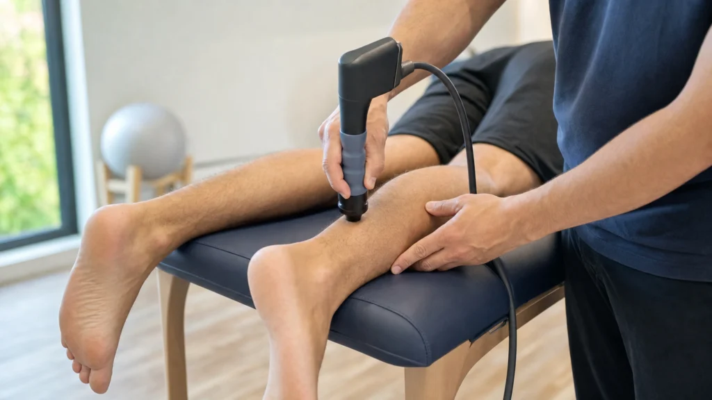 Un kinésithérapeute applique un appareil d’ondes de choc sur le tendon d’Achille d’un patient.