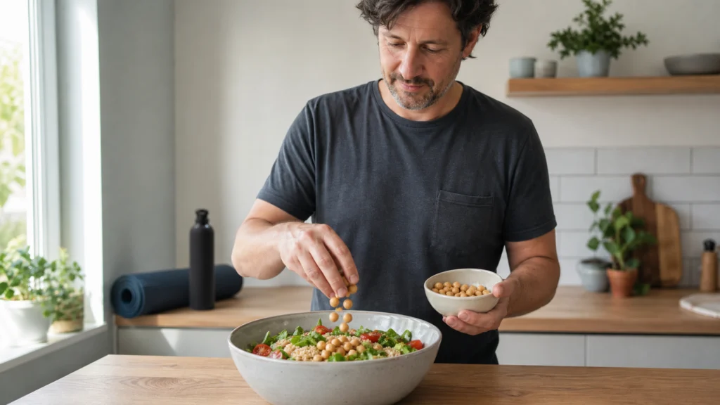 Un homme prépare une salade de légumes et de pois chiches dans une cuisine lumineuse.