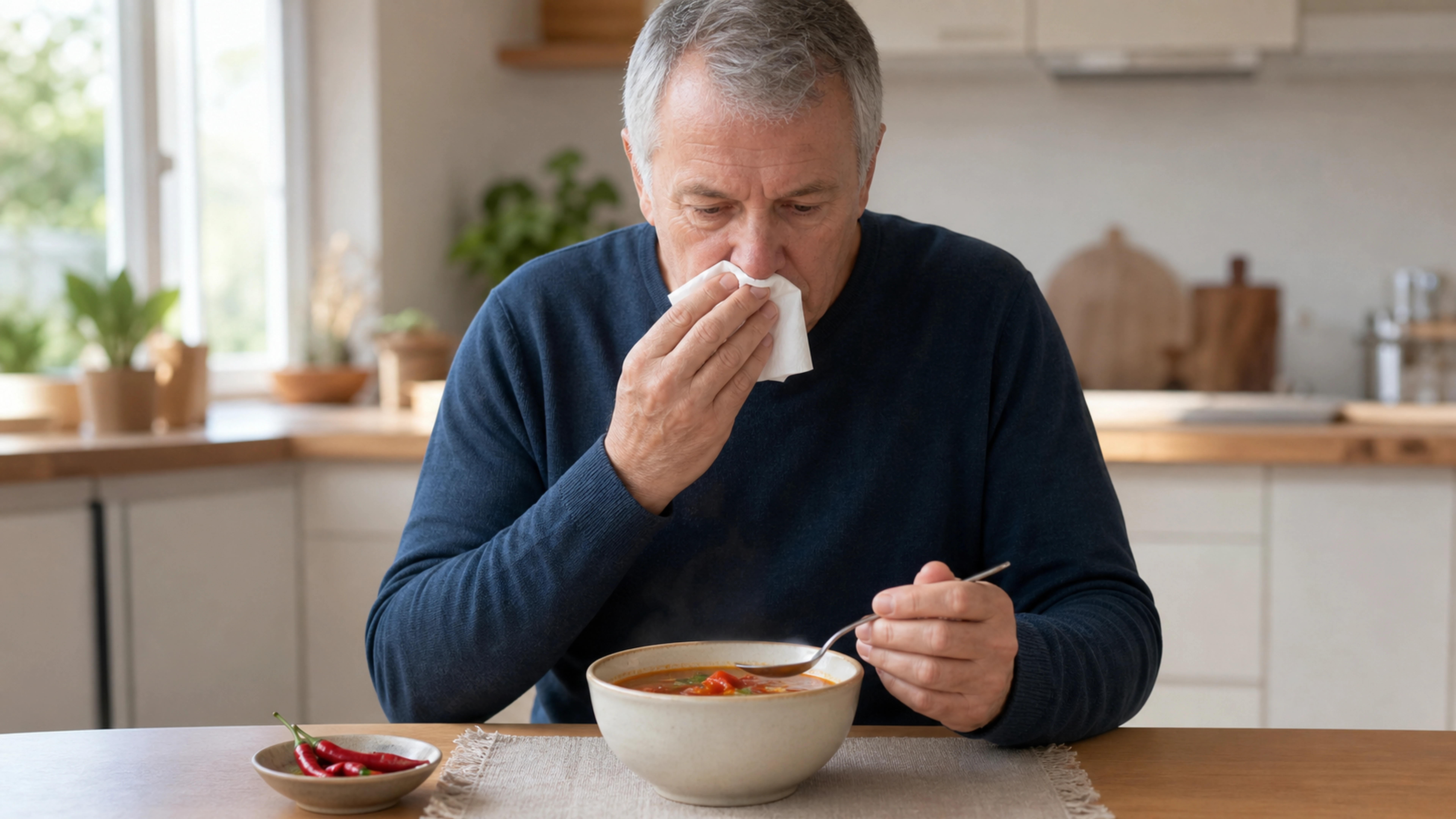 Homme tenant un mouchoir devant son nez pendant qu’il mange une soupe chaude et épicée