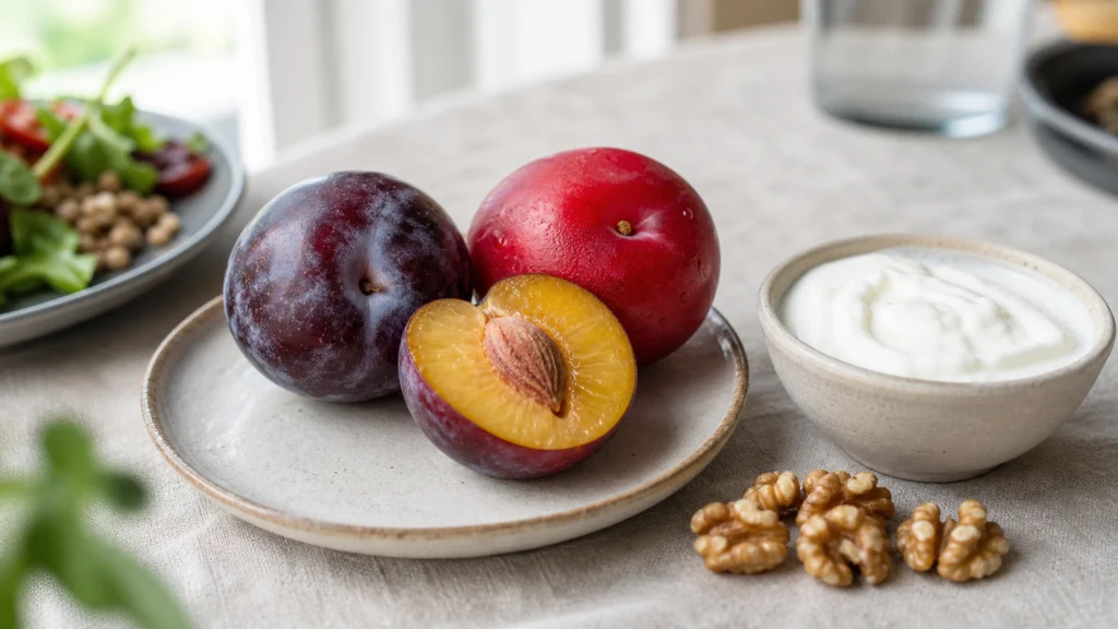 Prunes fraîches, yaourt nature et noix disposés sur une table