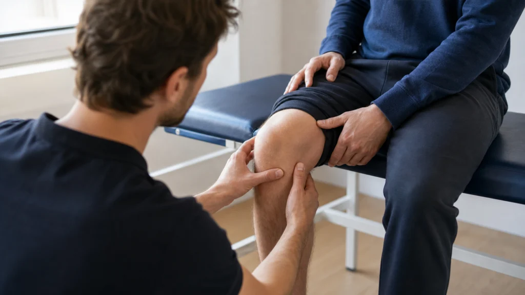Un médecin examine le genou d’un patient lors d’une consultation orthopédique.
