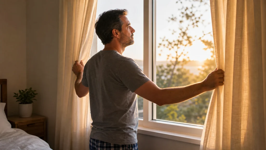 Homme ouvrant les rideaux face à la lumière naturelle du matin