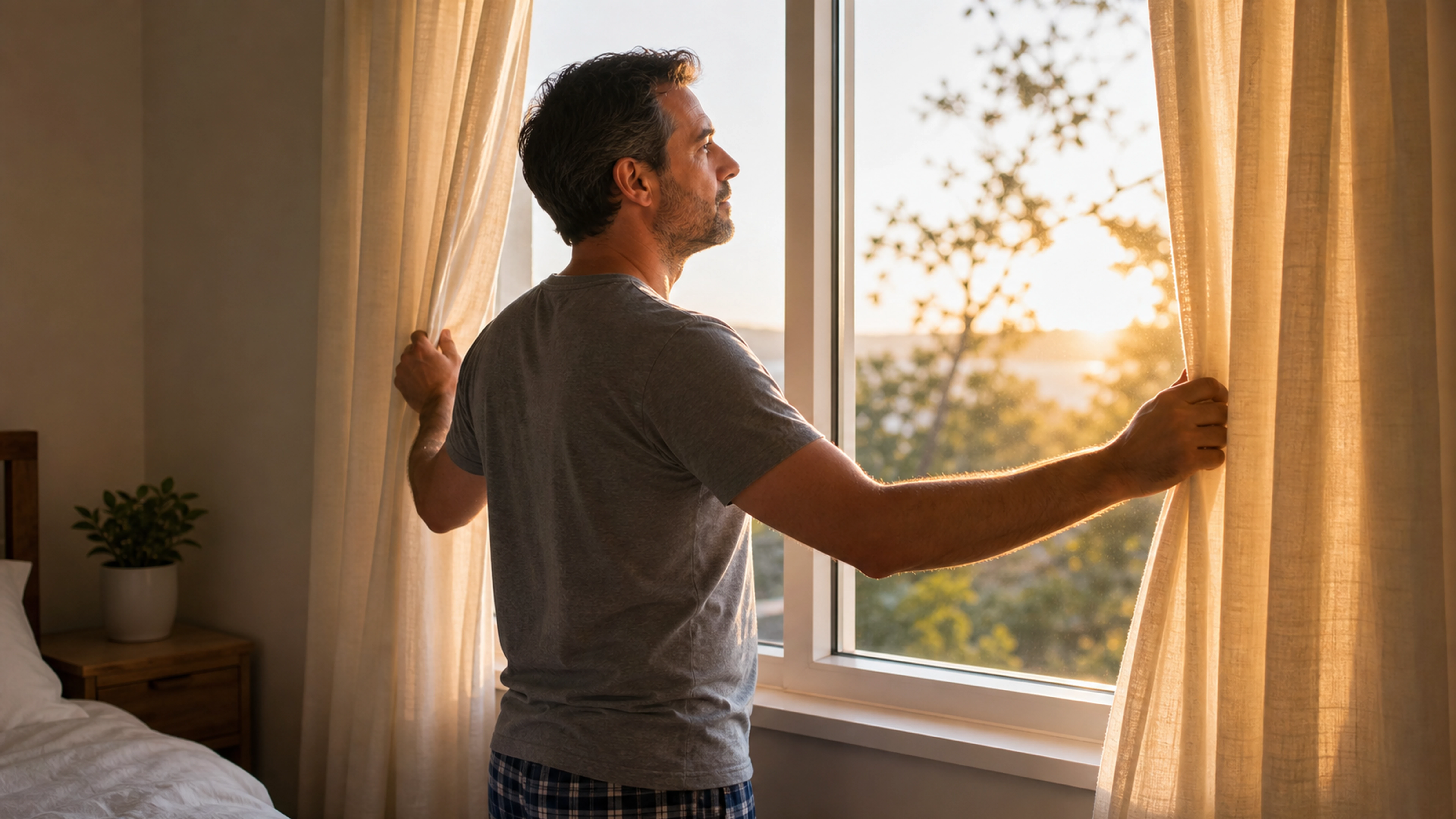 Homme ouvrant les rideaux face à la lumière naturelle du matin